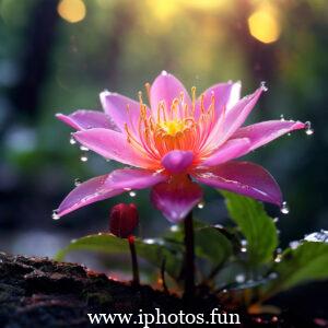 Close-up shot of a pink flower with glistening water droplets