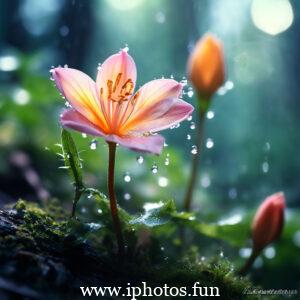 Pink flower covered in water droplets, glistening in the dark