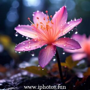 Pink flower covered in dew drops, illuminated by morning light