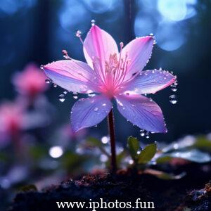 Pink flower covered in dew drops, illuminated by morning light