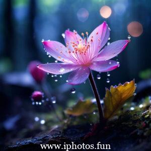 Morning light shines on pink flower adorned with dew drops