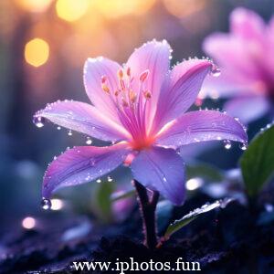 Morning light shines on pink flower adorned with dew drops