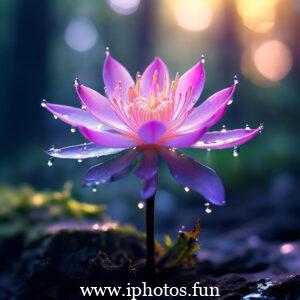 Dew-covered pink flower glistens in the morning sunlight