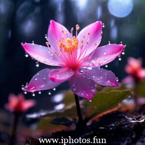 Dew-covered pink flower glistens in the morning sunlight