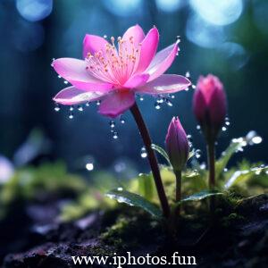 A close-up image of a pink flower covered in water droplets