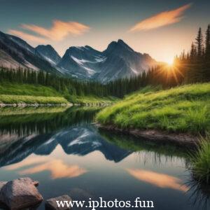 Sunrise over mountain lake and grassy field, creating a serene and picturesque landscape.