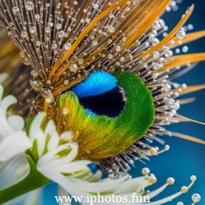 A macro image capturing the mesmerizing beauty of a peacock's eye with striking colors and patterns