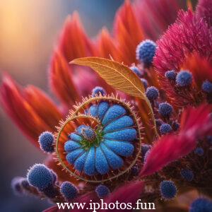 A vibrant red flower adorned with glistening water droplets, captured in a captivating close-up shot.