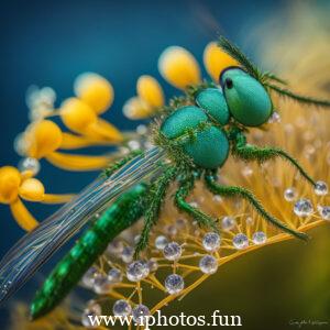 A vibrant green dragonfly perches on a flower, adorned with glistening water droplets.