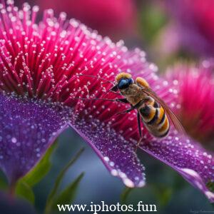 A vibrant red flower adorned with glistening water droplets, captured in a captivating close-up shot.