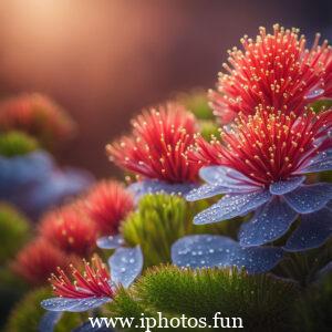 A vibrant red flower adorned with glistening water droplets, captured in a captivating close-up shot.