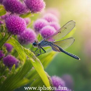 A vibrant green dragonfly perches on a flower, adorned with glistening water droplets.