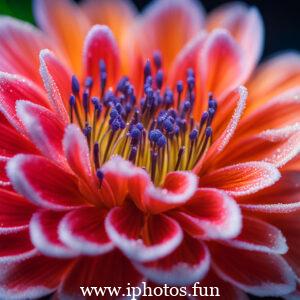 A vibrant red flower adorned with glistening water droplets, captured in a captivating close-up shot.