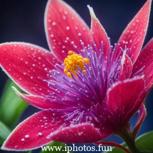 A vibrant red flower adorned with glistening water droplets, captured in a captivating close-up shot.