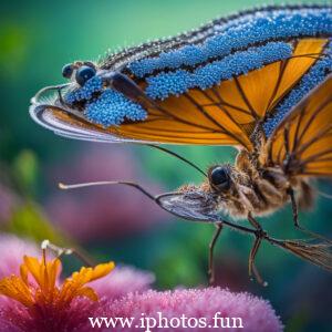 A vibrant green dragonfly perches on a flower, adorned with glistening water droplets.