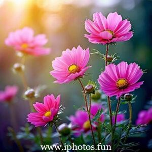 Pink flowers with water droplets glistening in the sunlight, adding a touch of freshness and beauty to the scene