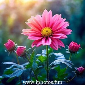 Pink flowers with water droplets glistening in the sunlight, adding a touch of freshness and beauty to the scene