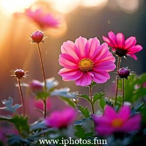 Pink flowers with water droplets glistening in the sunlight, adding a touch of freshness and beauty to the scene