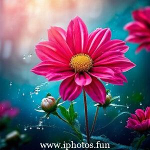 Pink flowers with water droplets glistening in the sunlight, adding a touch of freshness and beauty to the scene