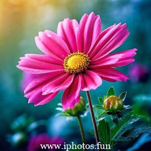 Pink flowers with water droplets glistening in the sunlight, adding a touch of freshness and beauty to the scene