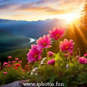 Pink flowers with water droplets glistening in the sunlight, adding a touch of freshness and beauty to the scene