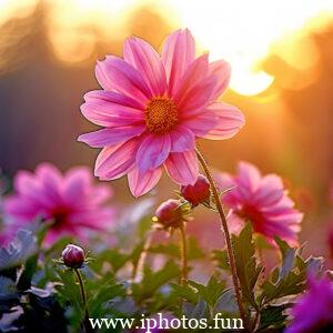 Pink flowers with water droplets glistening in the sunlight, adding a touch of freshness and beauty to the scene