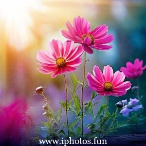 Pink flowers with water droplets glistening in the sunlight, adding a touch of freshness and beauty to the scene