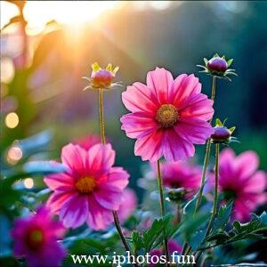 Pink flowers with water droplets glistening in the sunlight, adding a touch of freshness and beauty to the scene