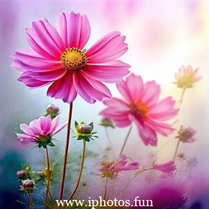 Pink flowers with water droplets glistening in the sunlight, adding a touch of freshness and beauty to the scene