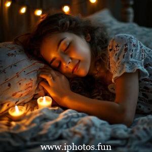 A young girl peacefully sleeping in bed surrounded by flickering candles