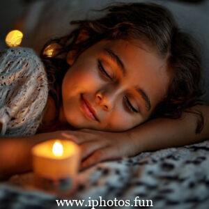 A young girl peacefully sleeping in bed surrounded by flickering candles