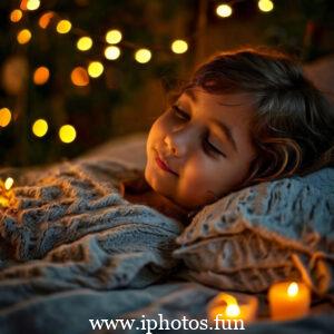 A young girl peacefully sleeping in bed surrounded by flickering candles