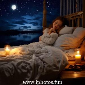 A young girl peacefully sleeping in bed surrounded by flickering candles