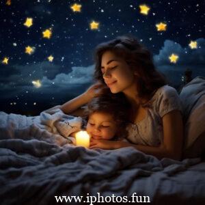 A young girl peacefully sleeping in bed surrounded by flickering candles