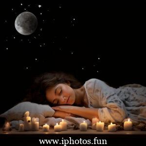 A young girl peacefully sleeping in bed surrounded by flickering candles