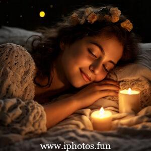 A young girl peacefully sleeping with a lit candle beside her, creating a serene and delicate ambiance