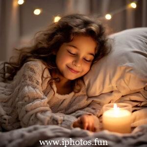 A young girl peacefully sleeping in bed surrounded by flickering candles