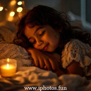 A young girl peacefully sleeping in bed surrounded by flickering candles