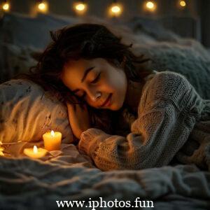 A young girl peacefully sleeping in bed surrounded by flickering candles