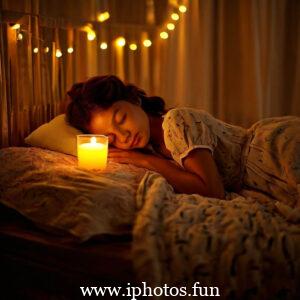 A young girl peacefully sleeping in bed surrounded by flickering candles