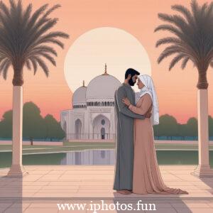 A Muslim couple embracing in front of the Taj Mahal, symbolizing love and cultural heritage