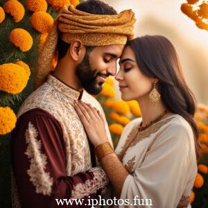 A romantic Arabic couple standing in the vast desert landscape