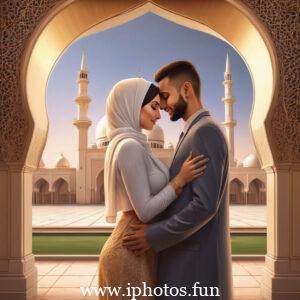 A Muslim couple embracing in front of the Taj Mahal, symbolizing love and cultural heritage