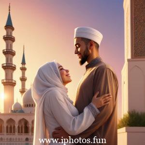 A Muslim couple embracing each other lovingly as the sun sets in the background