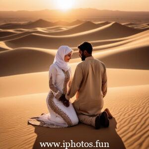 A romantic Arabic couple standing in the vast desert landscape under the clear blue sky