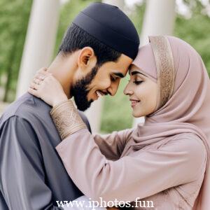 A Muslim couple embracing in a park, displaying affection and love in a serene outdoor setting