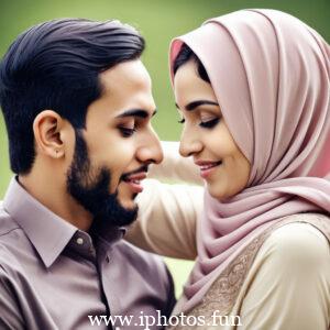 A Muslim couple embracing in a park, displaying affection and love in a serene outdoor setting