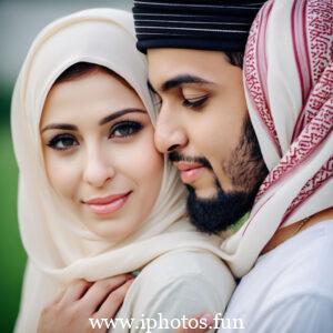 A Muslim couple embracing in a park, displaying affection and love in a serene outdoor setting