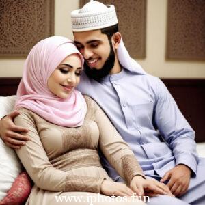 A romantic Arabic couple standing in the vast desert landscape under the clear blue sky