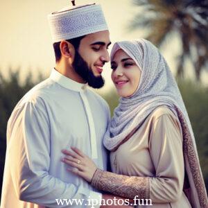 A Muslim couple embracing in a park, displaying affection and love in a serene outdoor setting